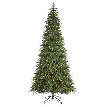 Glitzhome 9ft Prelit Artificial Christmas Tree, Slim Xmas Tree w/Metal Hinges & Foldable Base