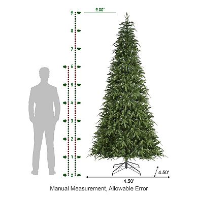 Glitzhome 9ft Prelit Artificial Christmas Tree, Slim Xmas Tree w/Metal Hinges & Foldable Base