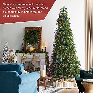 Glitzhome 9ft Prelit Artificial Christmas Tree, Slim Xmas Tree w/Metal Hinges & Foldable Base