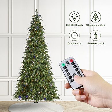 Glitzhome 9ft Prelit Artificial Christmas Tree, Slim Xmas Tree w/Metal Hinges & Foldable Base
