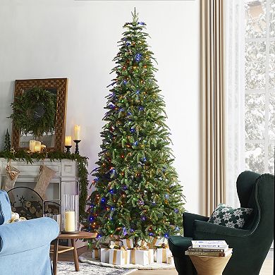 Glitzhome 9ft Prelit Artificial Christmas Tree, Slim Xmas Tree w/Metal Hinges & Foldable Base