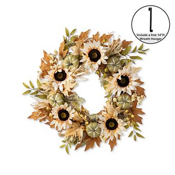 Glitzhome Neutral Sunflower, Pumpkin and Leaf Fall Wreath, 24"D Autumn Wreath for Indoor and Outdoor