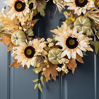 Glitzhome Neutral Sunflower, Pumpkin and Leaf Fall Wreath, 24"D Autumn Wreath for Indoor and Outdoor