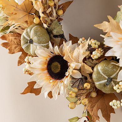 Glitzhome Neutral Sunflower, Pumpkin and Leaf Fall Wreath, 24"D Autumn Wreath for Indoor and Outdoor