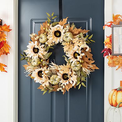 Glitzhome Neutral Sunflower, Pumpkin and Leaf Fall Wreath, 24"D Autumn Wreath for Indoor and Outdoor