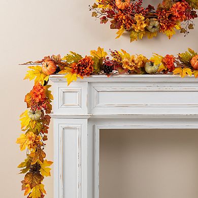 Glitzhome Dahlia Pumpkin, Leaf and Berry Garland, 72"L Charming Decorative Garland for Fall Harvest