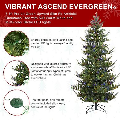 Glitzhome 7.5ft Pre-lit Artificial Christmas Tree, Green Upward Slim Fir Xmas Tree