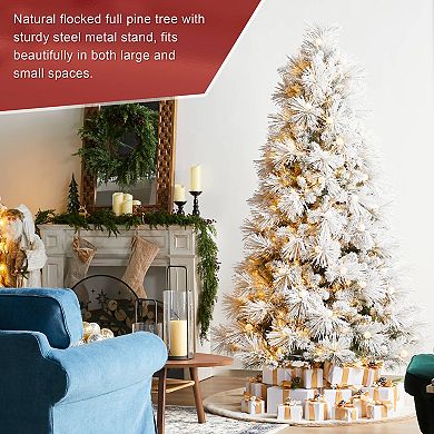 Glitzhome 7.5ft Pre-Lit Artificial Christmas Tree, Snow Flocked Full Pine Xmas Trees