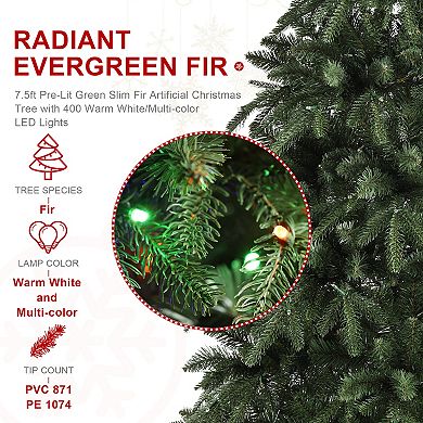 Glitzhome 7.5ft Pre-Lit Green Slim Fir Artificial Christmas Tree, with Remote Control