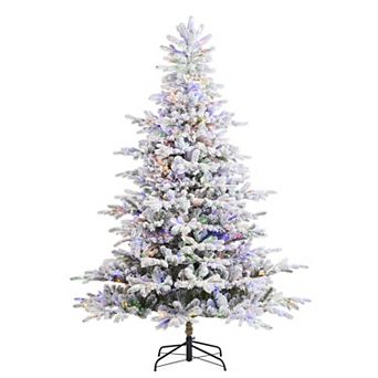 Glitzhome 7.5ft Pre-Lit Artificial Christmas Tree, Flocked Full Fir Fake Tree, Foot Pedal Included