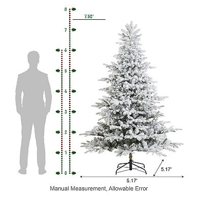 Glitzhome 7.5ft Pre-Lit Artificial Christmas Tree, Flocked Full Fir Fake Tree, Foot Pedal Included