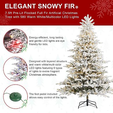 Glitzhome 7.5ft Pre-Lit Artificial Christmas Tree, Flocked Full Fir Fake Tree, Foot Pedal Included