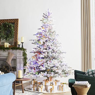 Glitzhome 7.5ft Pre-Lit Artificial Christmas Tree, Flocked Full Fir Fake Tree, Foot Pedal Included