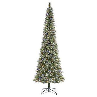 Glitzhome 9ft Prelit Artificial Christmas Tree, Hinged Pencil Christmas Trees, Easy Assembly