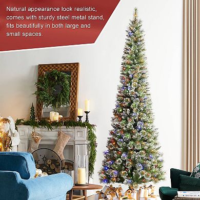 Glitzhome 9ft Prelit Artificial Christmas Tree, Hinged Pencil Christmas Trees, Easy Assembly