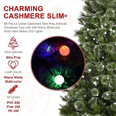 Glitzhome 9ft Pre-Lit Artificial Christmas Tree, Cashmere Slim Pine Hinged Christmas Trees