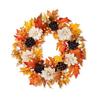Glitzhome 24"D Lotus Fall Wreath, Lotus Pod and Berry Fall Decorations for Front Door Porch