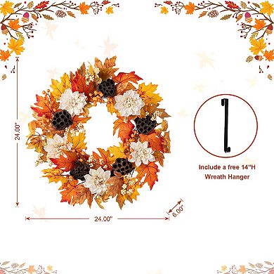 Glitzhome 24"D Lotus Fall Wreath, Lotus Pod and Berry Fall Decorations for Front Door Porch