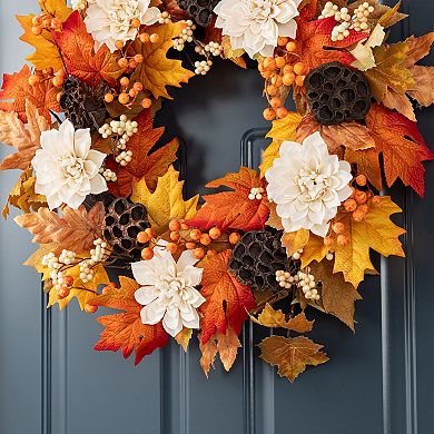 Glitzhome 24"D Lotus Fall Wreath, Lotus Pod and Berry Fall Decorations for Front Door Porch