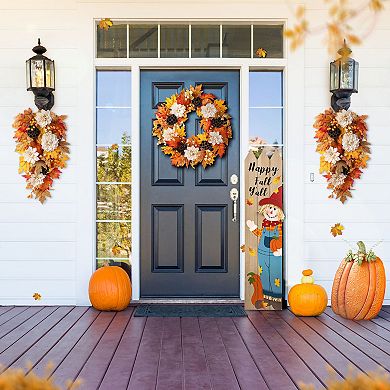 Glitzhome 24"D Lotus Fall Wreath, Lotus Pod and Berry Fall Decorations for Front Door Porch
