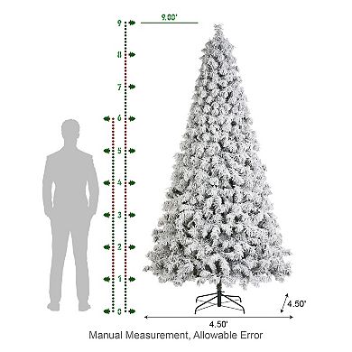 Glitzhome 9ft Pre-Lit Artificial Christmas Tree, Snow Flocked Full Spruce Xmas Trees