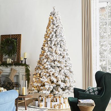 Glitzhome 9ft Pre-Lit Artificial Christmas Tree, Snow Flocked Full Spruce Xmas Trees