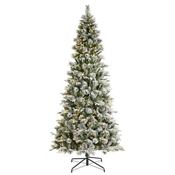 Glitzhome 9ft Pre-Lit Artificial Christmas Tree, Snow Flocked Slim Pine Xmas Trees