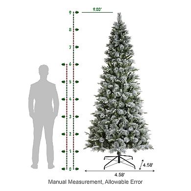 Glitzhome 9ft Pre-Lit Artificial Christmas Tree, Snow Flocked Slim Pine Xmas Trees
