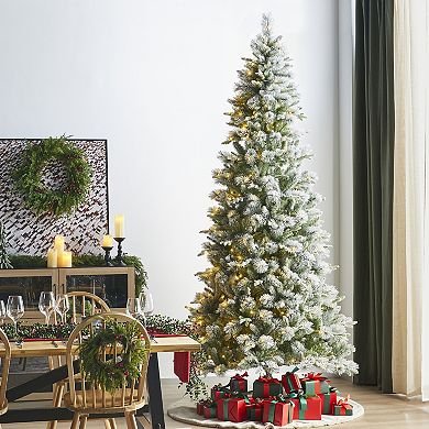 Glitzhome 9ft Pre-Lit Artificial Christmas Tree, Snow Flocked Slim Pine Xmas Trees