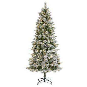 Glitzhome 7.5ft Artificial Christmas Tree, Pre-Lit Snow Flocked Full Slim Pine Faux Tree