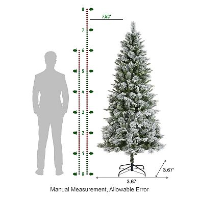 Glitzhome 7.5ft Artificial Christmas Tree, Pre-Lit Snow Flocked Full Slim Pine Faux Tree