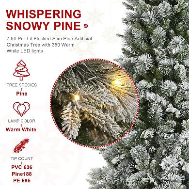 Glitzhome 7.5ft Artificial Christmas Tree, Pre-Lit Snow Flocked Full Slim Pine Faux Tree