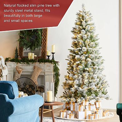 Glitzhome 7.5ft Artificial Christmas Tree, Pre-Lit Snow Flocked Full Slim Pine Faux Tree