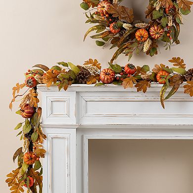 Glitzhome Pumpkin Leaf Floral Artificial Fall Garland, 72"L Charming Autumn Garland Decor
