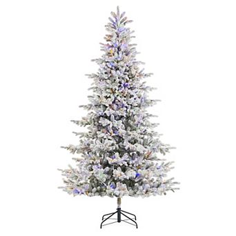 Glitzhome 9ft Pre-Lit Artificial Christmas Tree,Flocked Full Fir Faux Tree,Simple Setup