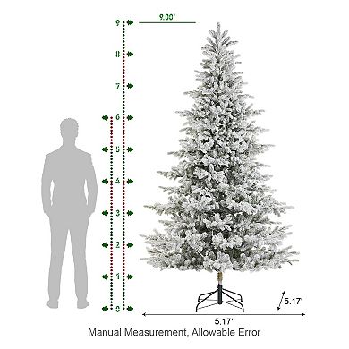 Glitzhome 9ft Pre-Lit Artificial Christmas Tree,Flocked Full Fir Faux Tree,Simple Setup