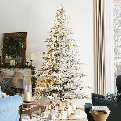 Glitzhome 9ft Pre-Lit Artificial Christmas Tree,Flocked Full Fir Faux Tree,Simple Setup