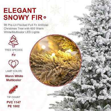 Glitzhome 9ft Pre-Lit Artificial Christmas Tree,Flocked Full Fir Faux Tree,Simple Setup