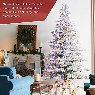 Glitzhome 9ft Pre-Lit Artificial Christmas Tree,Flocked Full Fir Faux Tree,Simple Setup