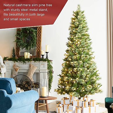 Glitzhome 7.5ft Pre-Lit Artificial Christmas Tree - Cashmere Slim Pine Hinged Decorative Xmas Tree