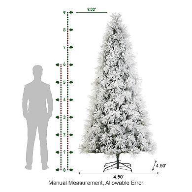 Glitzhome Artificial Christmas Tree, 9ft Pre-Lit Snow Flocked Full Pine Xmas Trees