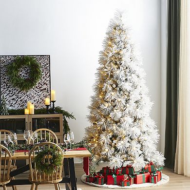 Glitzhome Artificial Christmas Tree, 9ft Pre-Lit Snow Flocked Full Pine Xmas Trees