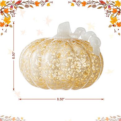 Glitzhome 8.5"D Fall Amber Dots Glass Large Pumpkin, Handmade Table Top Home Decor