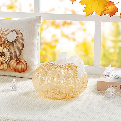 Glitzhome 8.5"D Fall Amber Dots Glass Large Pumpkin, Handmade Table Top Home Decor