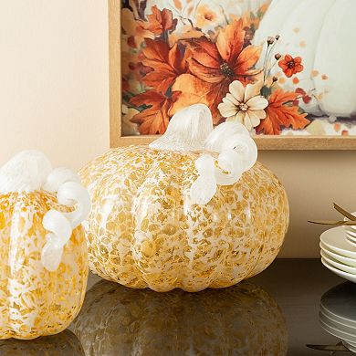 Glitzhome 8.5"D Fall Amber Dots Glass Large Pumpkin, Handmade Table Top Home Decor