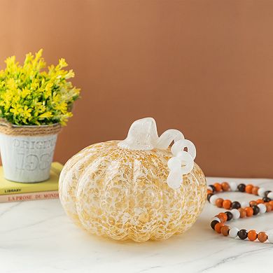Glitzhome 8.5"D Fall Amber Dots Glass Large Pumpkin, Handmade Table Top Home Decor