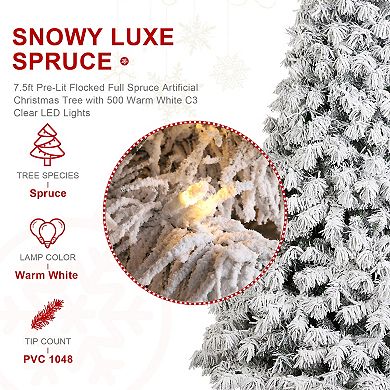 Glitzhome 7.5ft Pre-Lit Artificial Christmas Tree, Snow Flocked Full Spruce Xmas Trees