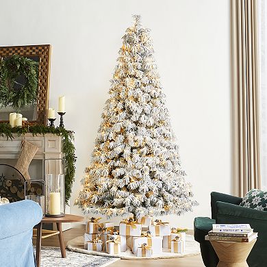 Glitzhome 7.5ft Pre-Lit Artificial Christmas Tree, Snow Flocked Full Spruce Xmas Trees