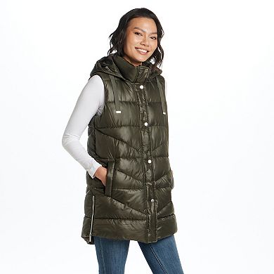 Women's Weathercast Hooded Mixed Quilted Longline Vest
