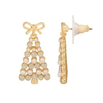 LC Lauren Conrad Gold Tone Opal And Simulated Pearl Christmas Tree Statement Earrings